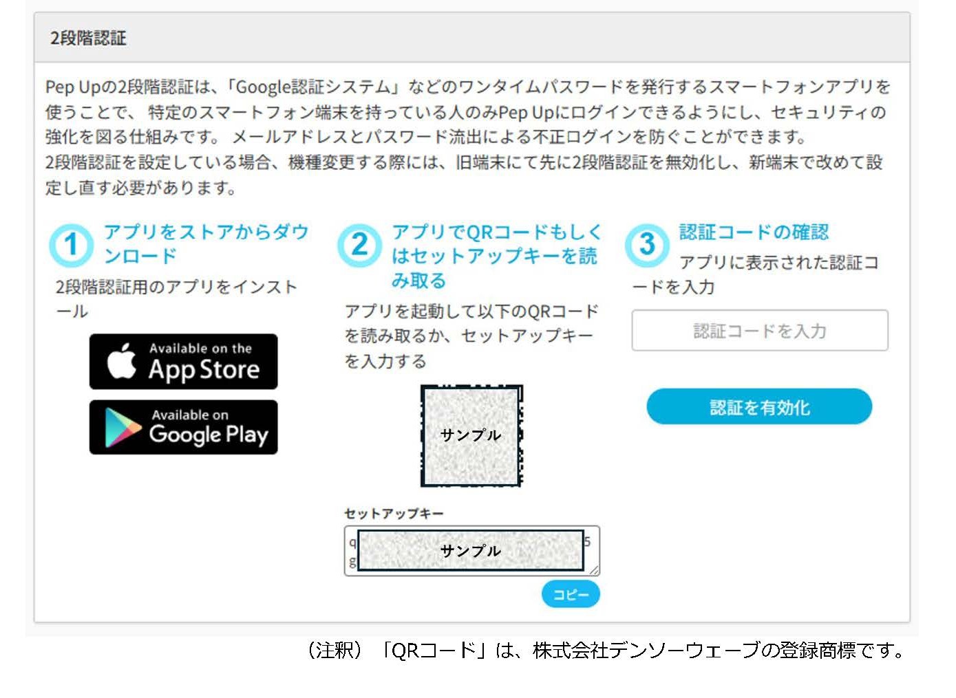 認証システムの説明の図「1.アプリをダウンロード。2.二次元コードかセットアップキーを読み取る。3.認証コードの確認」